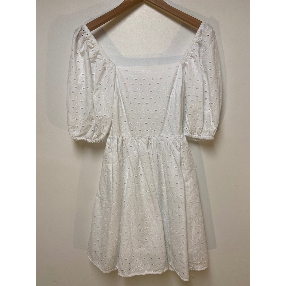 A New Day Mini Dress Women XS White Eyelet Puff Sleeve Open Back Smocked Pockets